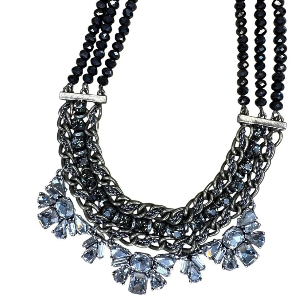LOFT‎ Statement Necklace Black Silver Multi Strand Rhinestone Crystal Bib
